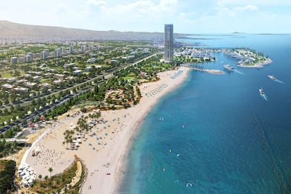 «Europas grösste Baustelle» - Hier entsteht eine Mega-Stadt mit Luxusimmobilien, Yachthafen und Wolkenkratzer Wohnüberbauung «The Ellinikon» in Athen mit dem Riviera Tower und Yachthafen oben rechts (Visualisierung: Lamda Development).