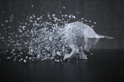 Stimmungsindikator für Aktien nicht länger mit Kaufsignal Ein auseinanderbrechender Bulle.