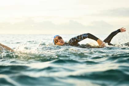 Weshalb Wasserschutz auch aus Anlagesicht Chancen bietet Determined mature woman with friends swimming in sea. Females are doing water sports against sky during sunset. They are representing healthy lifestyle.