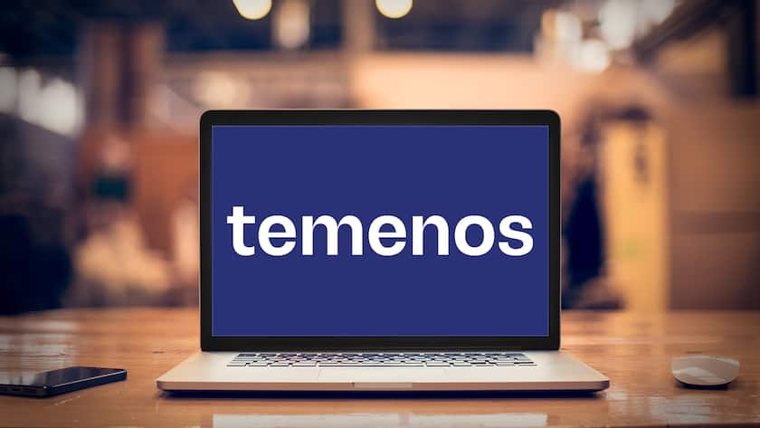 Das Logo von Temenos auf einem Laptop-Screen.