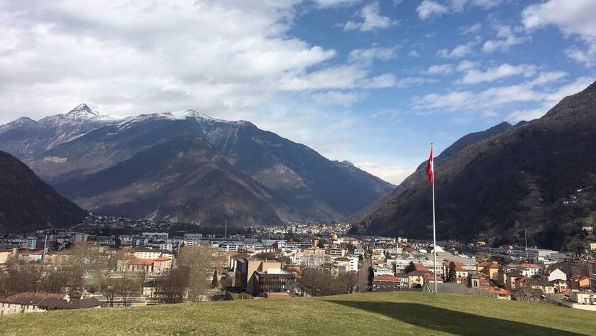 Blick auf Bellinzona sowie die Gemeinden Gorduno hinten links) sowie Arbedo-Castione hinten rechts).