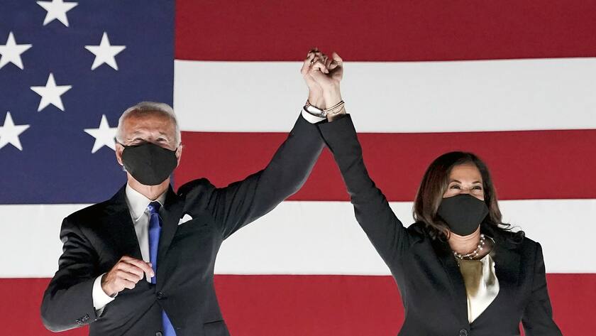 Auch bei den Demokraten fehlt die Flagge nicht: Joe Biden und Vizekandidatin Kamala Harris ziehen in den US-Wahlkampf.