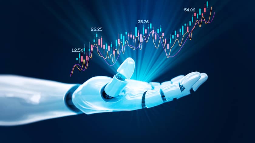 Robot showing stock market financial growth chart on a black background.