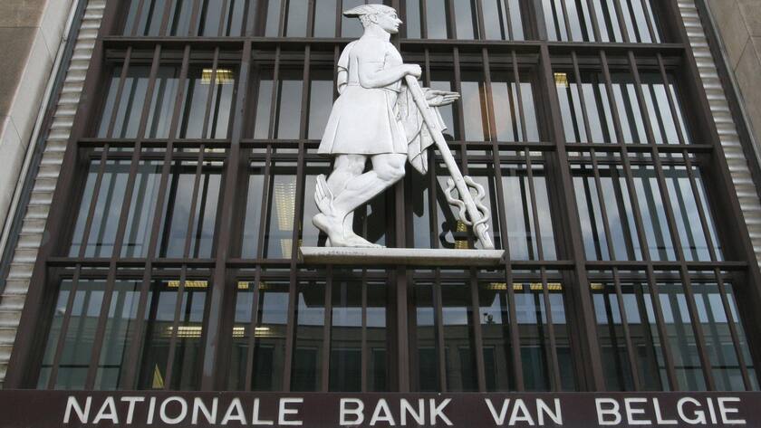 Figur am Gebäude der belgischen Nationalbank in Brüssel.