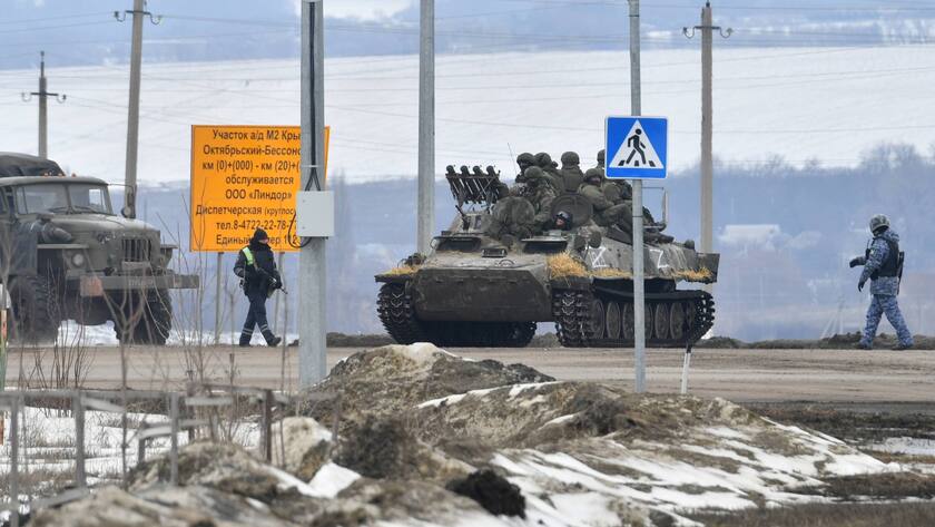 Ein russischer Militärkonvoi an der ukrainischen Grenze.