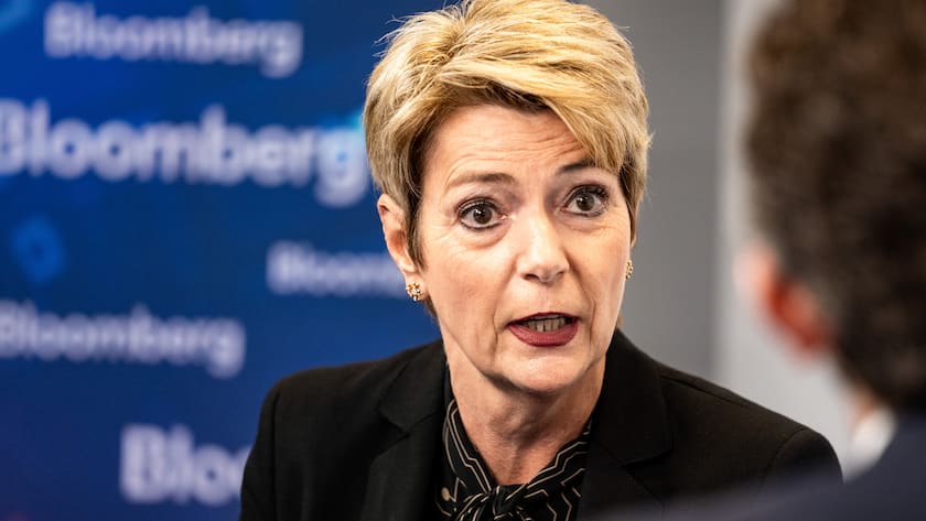 Bundesrätin Karin Keller-Sutter in einem Interview mit Bloomberg im April 2025.