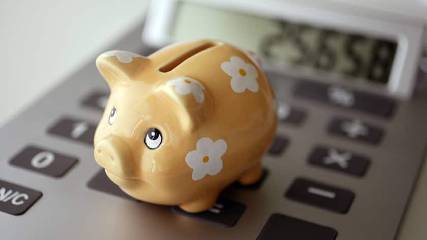 Sparschwein mit Taschenrechner.