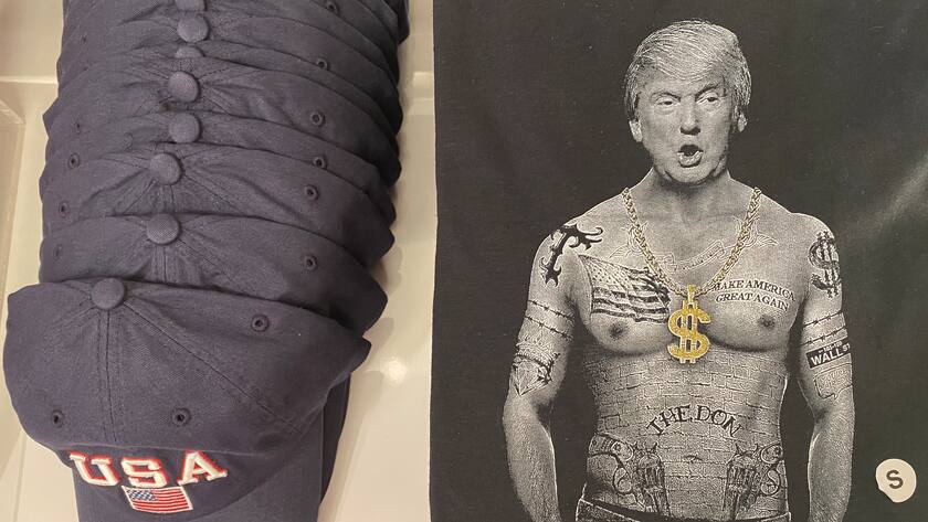 Fanartikel von Donald Trump in einem Souvenirshop am Flughafen von Los Angeles.
