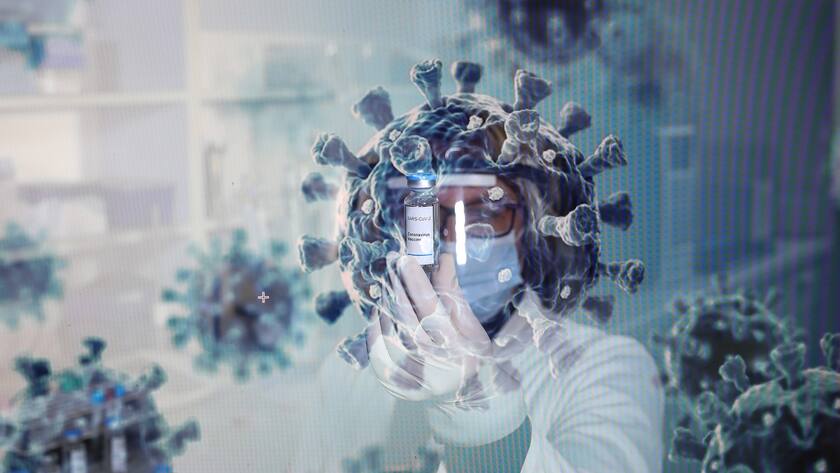 Labormitarbeiterin hebt Corona-Impfstoff in die Illustration des Coronavirus.