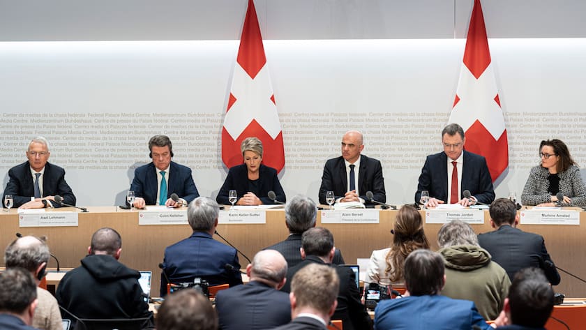 Medienkonferenz am 19. März 2023 in Bern anlässlich der Übernahme der Credit Suisse durch die UBS mit Vertretern von Banken, der Nationalbank und des Bundes.