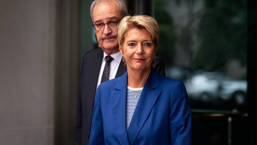 Die Bundesräte Karin Keller-Sutter und Guy Parmelin beim Besuch des US-Aussendepartementes in Washington D.C. am 6. August 2025.