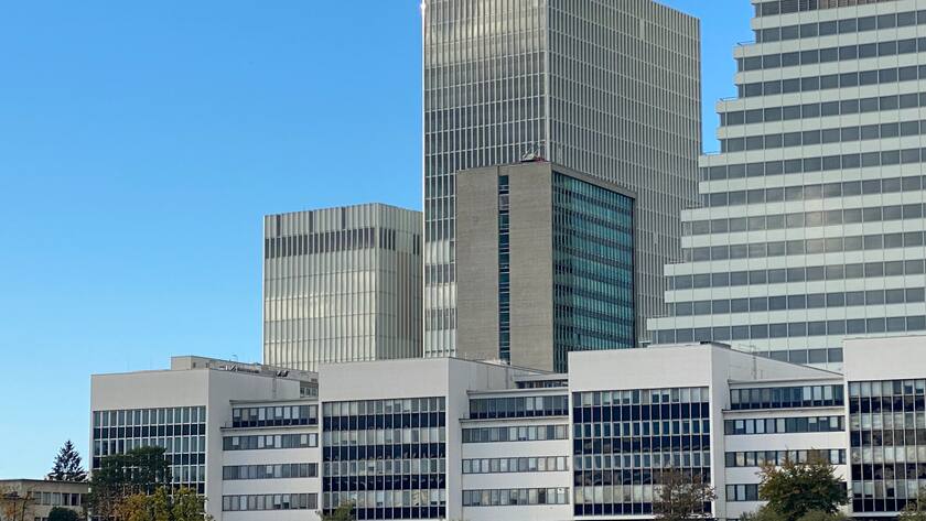 Blick auf den westlichen Teil der Roche-Konzernzentrale in Basel.