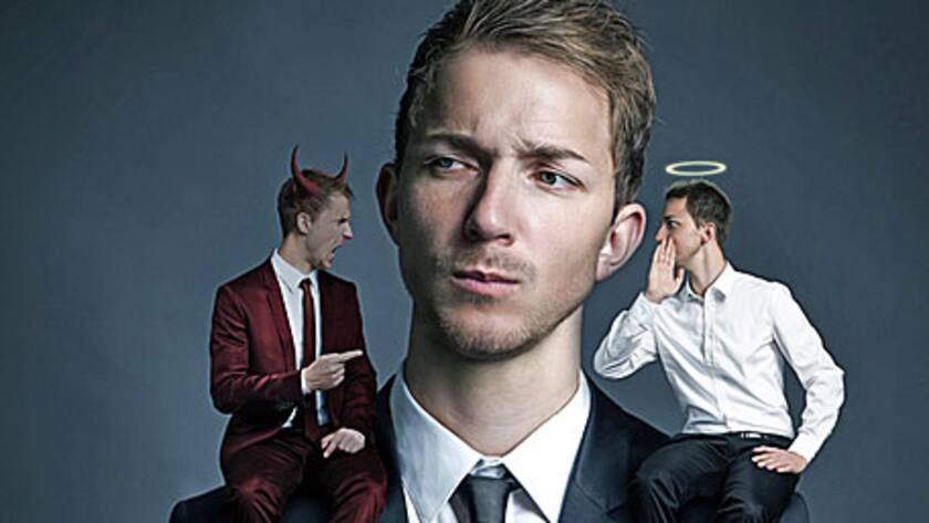 Teufel und Engel auf den Schultern: Nachdenken, Entscheiden, Abwägen, gut-schlecht