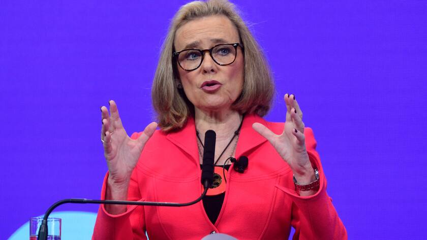 Merck-Chefin Belen Garijo spricht an einer Medienkonferenz im März 2023 in Darmstadt.