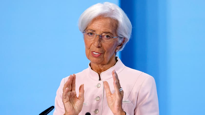 EZB-Präsidentin Christine Lagarde bei der Pressekonferenz der Europäischen Zentralbank in der EZB in Frankfurt (2023).