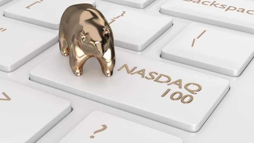 3d render closeup of computer keyboard with NASDAQ 100 index button and bear.