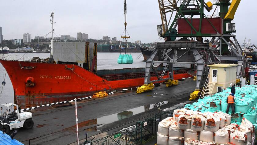 Russiche Baumaterialien werden im russischen Vladivostok auf ein Frachtschiff geladen (2022).