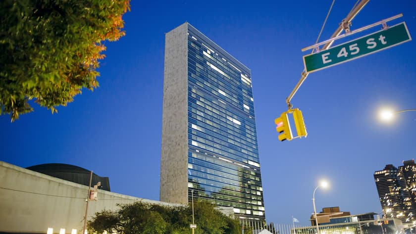 Blick auf das Hauptquartier der Vereinten Nationen (Uno) in New York, USA (2023).