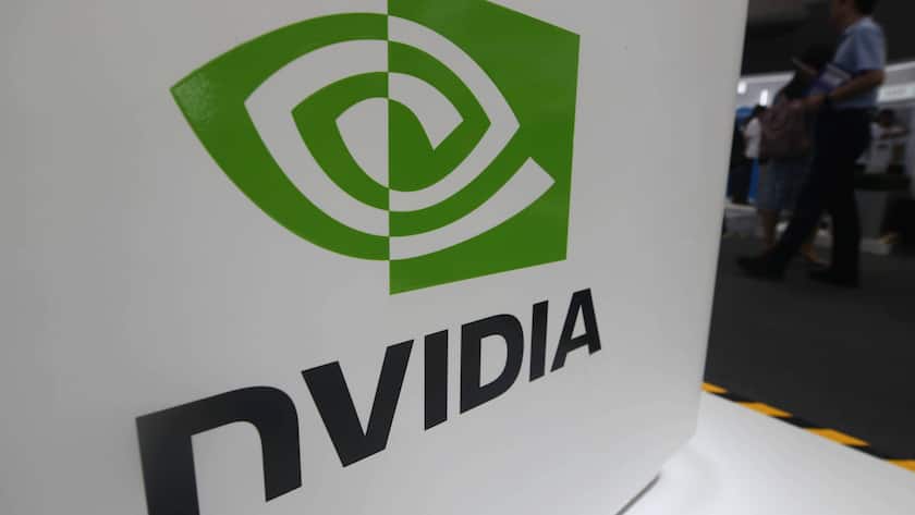 Das Logo von Nvidia an einer Konferenz in Shanghai (September 2024).