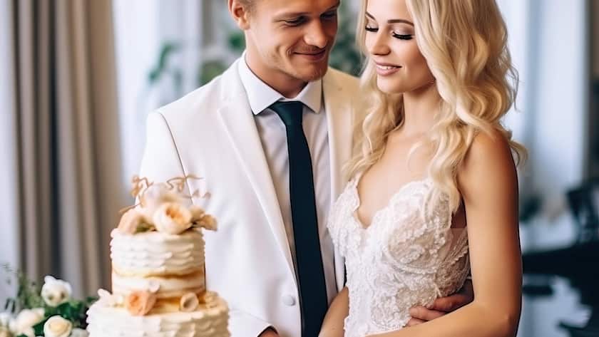 Ein attraktives, junges Hochzeitspaar, Braut und Bräutigam, hinten eine Hochzeitstorte.