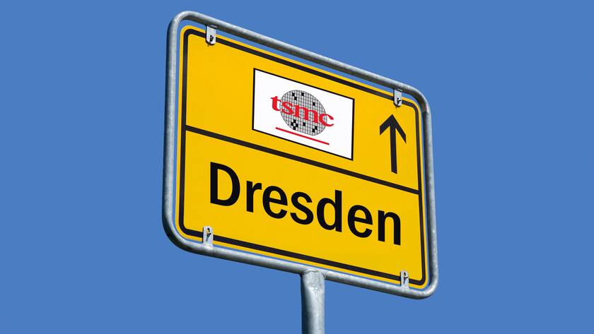 Ortsschild mit Dresden und Logo vom Chipherseller TSMC.