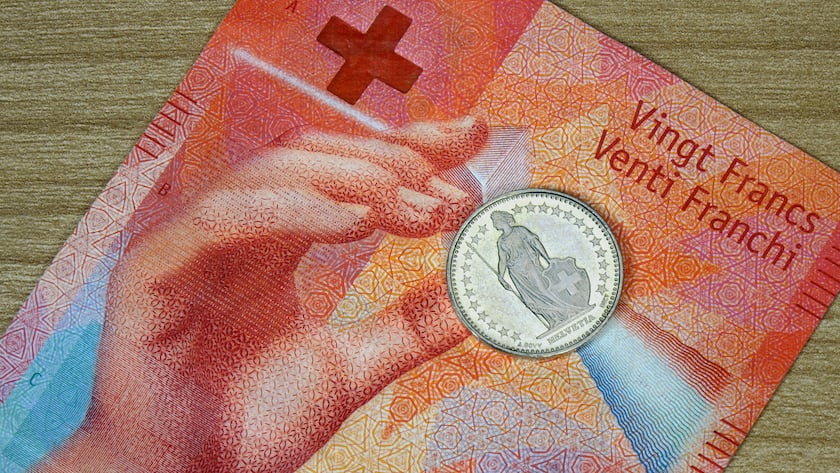 Ein-Franken-Stück auf einer Zwanzig-Franken-Note.