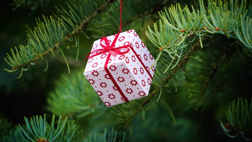 Kleines Päckchen an einem Weihnachtsbaum.