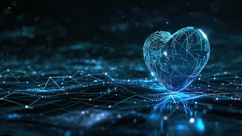 Investieren in ein langes und gesundes Leben This image presents a conceptual glowing blue digital heart with intricate connections, symbolizing love or health in the digital era. Ideal for themes involving romance, technology