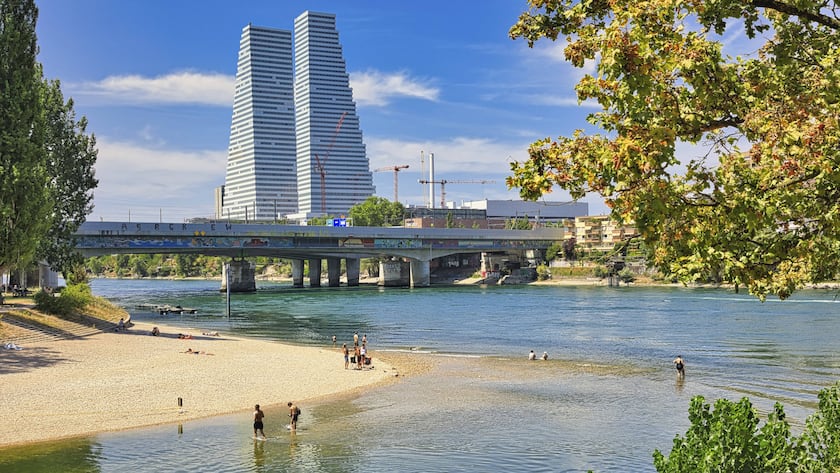 Blick auf den Hauptsitz von Roche in Basel, im Vordergrund das Naherholungsgebiet Birsköpfli.