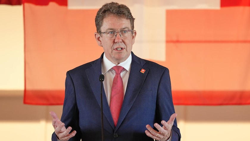 Bundesrat Albert Rösti bei einer Bundesfeier in Wimmis BE im August 2024.