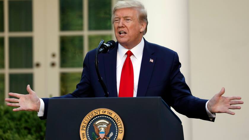 US-Präsident Donald Trump an einer Presskonferenz im Rosen Garten des Weissen Hauses, April 2020