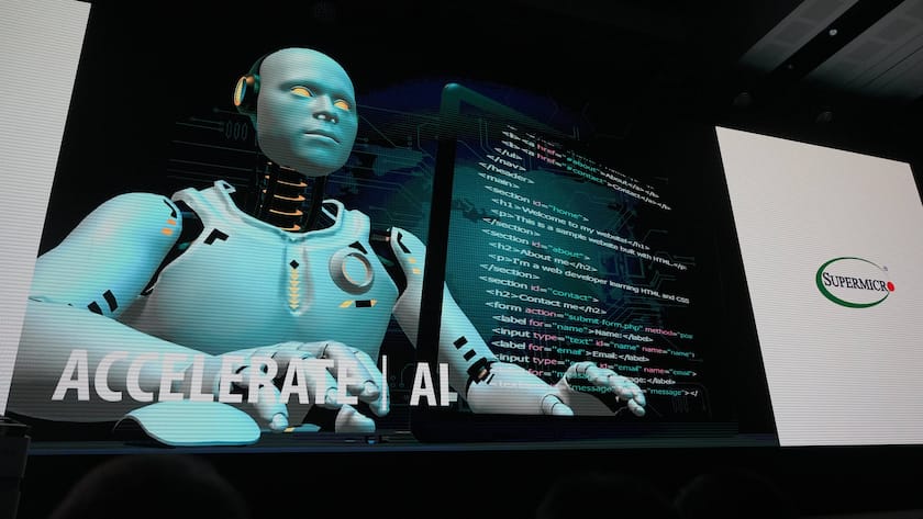 Bühnenbild bei einer Präsentation der US-Firma Supermicro an der Computex-Messe in Taiwan im Juni 2023.