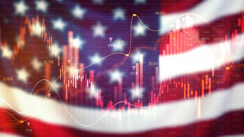 Crisis in USA, rising inflation, devaluation of dollars and the economy. Stock market trading graph with american flag is damage.Effect of recession US economy.