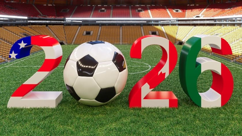 Soccer ball placed between the numbers 2026 on a football field inside a modern stadium, symbolizing the 2026 international tournament