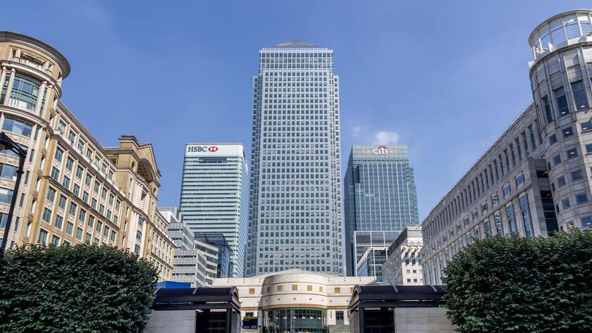 Canary Wharf in London mit den Zentralen der Bankengruppen Citigroup und HSBC.