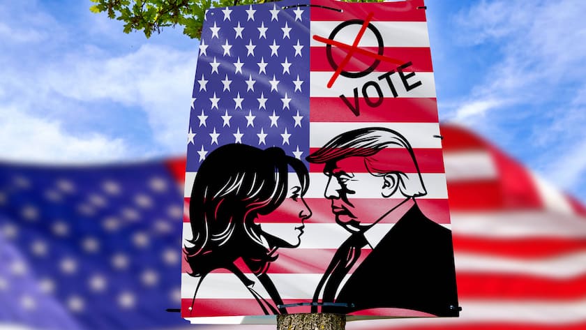 Ein Wahlplakat mit Donald Trump und Kamala Harris, das die Präsidentschaftswahlen symbolisiert - Fotomontage (2024).