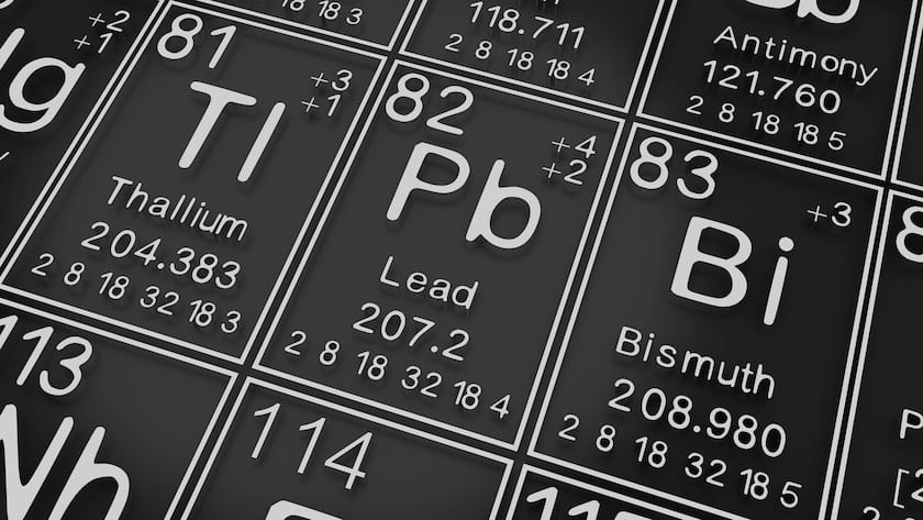Thallium, Blei, Bismuth in der Periodentabelle der Elemente.