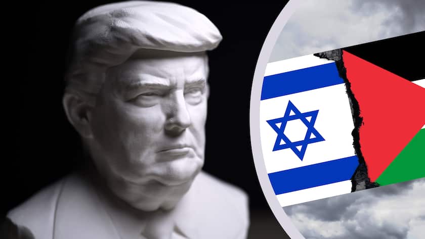 Fotomontage: Büste von US-Präsident Donald Trump mit Fahnen von Israel und Palästina (Februar 2025).