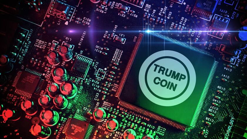Fotomontage: Computerchip mit Münz-Symbol und Aufschrift Trump Coin (Mai 2025).