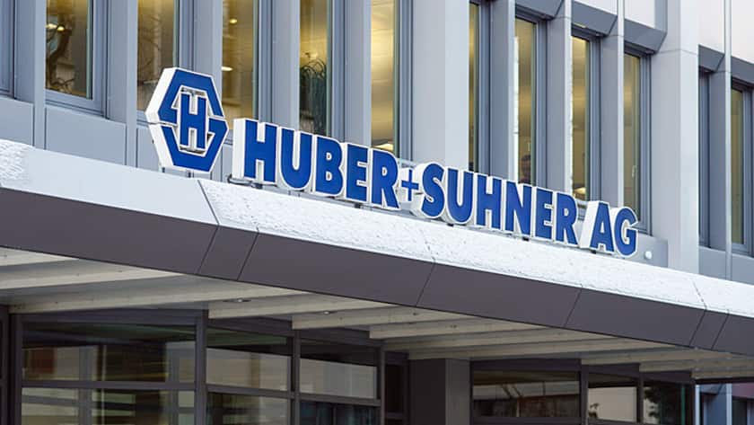 Huber und Suhner, Eingang zum Hauptgebäude.
