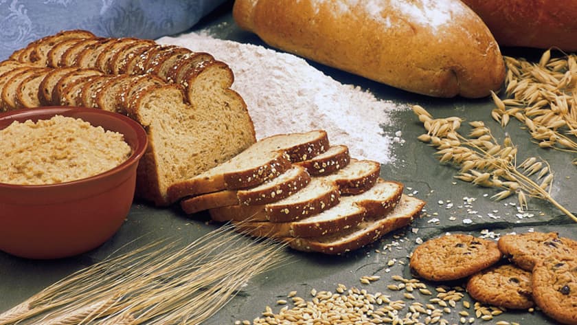 Verschiedene Sorten Getreide und ihre Brote.