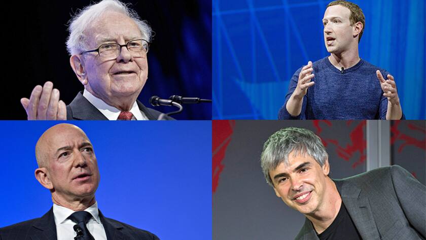 Vier Reiche unter sich: Investor Warren Buffett (oben links), Facebook-Gründer Mark Zuckerberg (oben rechts), Amazon-Gründer Jeff Bezos (unten links) und Google-Mitbegründer Larry Page.
