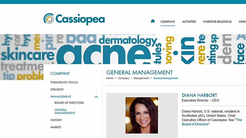 Die Webseite von Cassiopea mit CEO Diana Harbort.