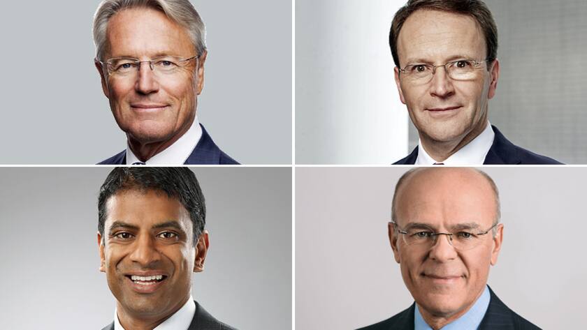 Die CEO von (o.l.) ABB, Bjørn, Rosengren, (o.r.) Nestlé, Mark Schneider, (u.l.) Roche, Vas Narasimhan, und Zurich, Mario Greco.