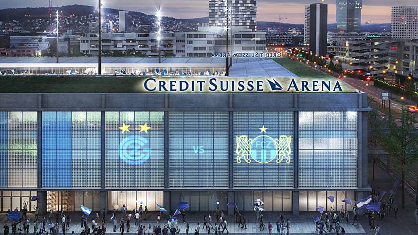 Das geplante Fussballstadion in Zürich mit Namenssponsor Credi tSuisse.