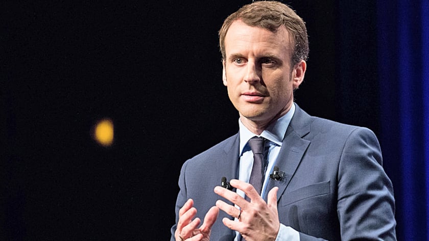 Emmanuel Macron, France's independent presidential candidate, gestures during an En Marche party election campaign meeting in Angers, France, on Tuesday, Feb. 28, 2017.