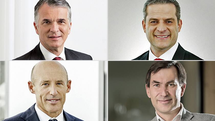 Auswahl für Manager des Jahres 2016: Sergio Ermotti, CEO UBS (o.l.), Hanspeter Rhyner, CEO Glarner Kantonalbank (o.r.), Patrik Gisel, CEO Raiffeisen (u.l.), und Martin Rohner, CEO Alternative Bank Schweiz.