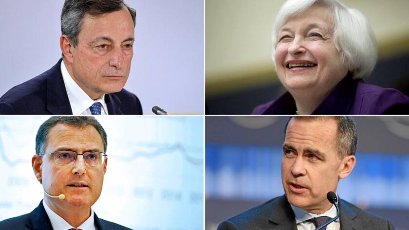 Die Chefs der Notenbanken: Mario Draghi, EZB (o.l.), Janet Yellen, Fed (o.r.), Thomas Jordan, SNB (u.l.), und Mark Carney, BoE.