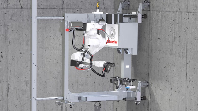 Der Roboter R.I.S.E. (Robotics Installation System for Elevators) von Schindler kann autonom Arbeiten bei Liftinstallationen ausführen.