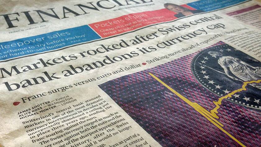 Frontseite der Financial Times vom 16. Januar 2015 - dem Tag nach dem SNB-"Frankenschock".